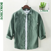2021 summer and spring new men pocket shirt linen casual long sleeve solid color workwear white green royal blue top gc l849