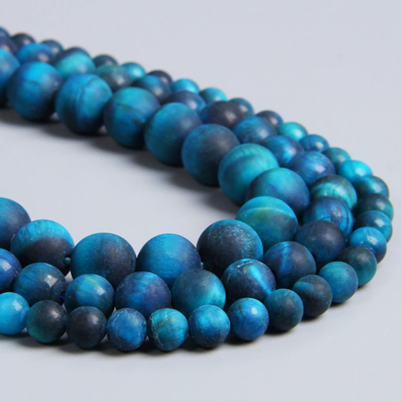

Sky light blue natural matte frosted tiger eye bulk high quality dark blue round stone beads men women jewelry making romantic