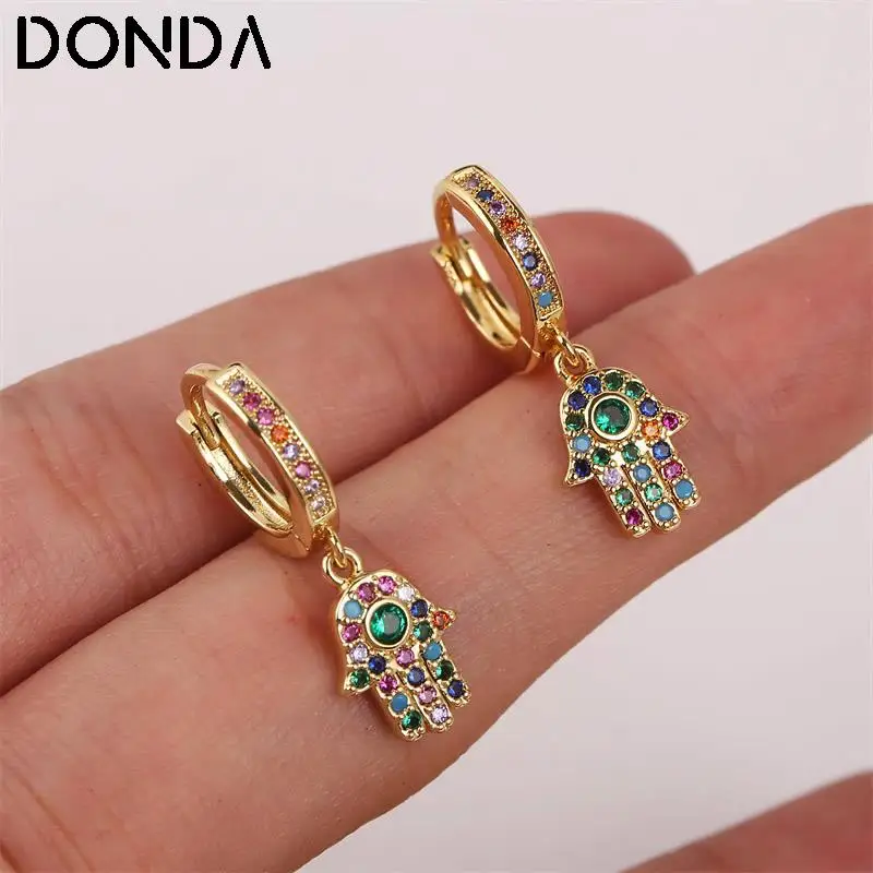 

Fashion Multicolor CZ Cubic Zirconia Hamsa Hand Hoop Earrings For Women Ethnic Style Gold Color Copper Metal Hanging Earring