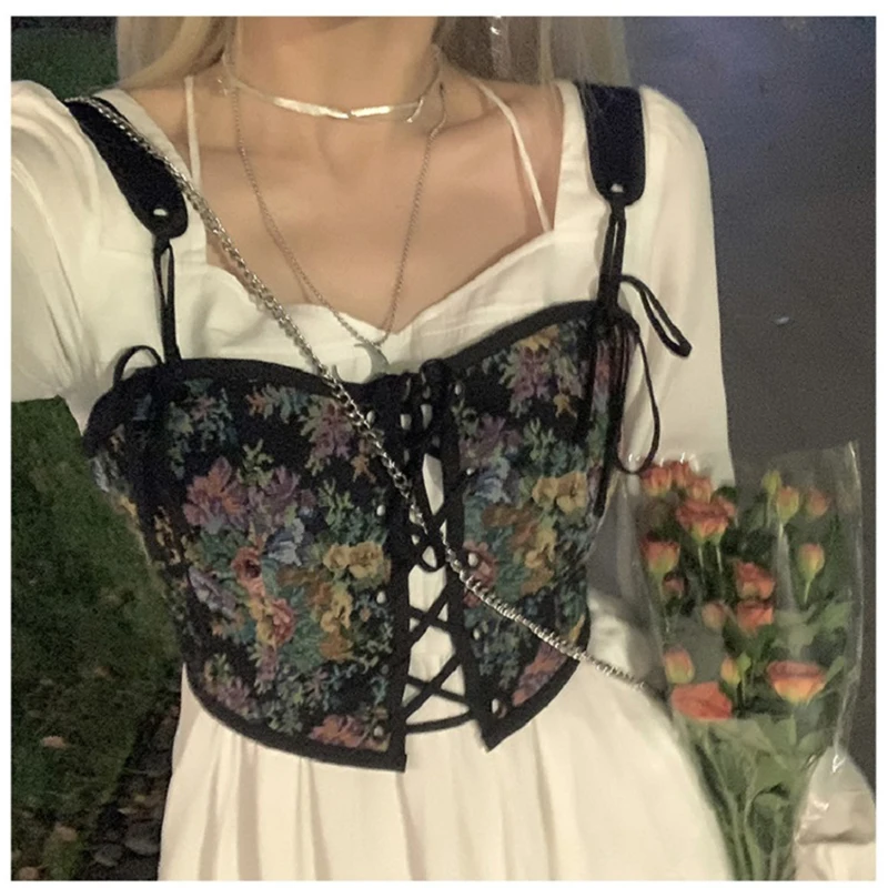 

Women Elegant French Vintage Floral Print Halter Tops Chic Bandage Corset Shirts Sexy Party Club Ladies Top clothes vest size