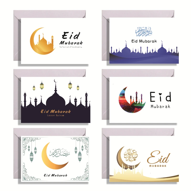 

6Sets 6"x4" Eid Mubarak Eid Religious Holiday Greeting Cards For The Festival Of Fast-breaking Cards with Envelope Lasser Bairam