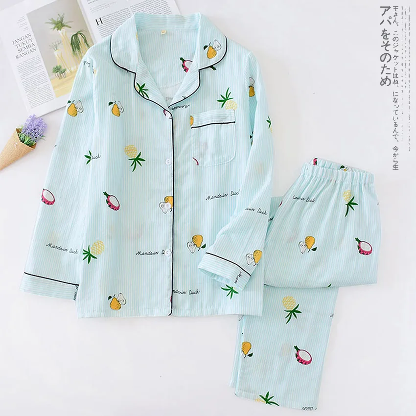 Pajamas-Blue2 DANALA Janpanese, осенне-зимние пижамные комплекты для женщин, одежда для сна, чистый хлопок, теплые пижамы с фруктовым принтом, одежда для сна с длинным рукавом - Цвет: Pajamas-Blue2