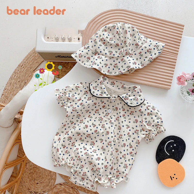 

Bear Leader Baby Girls Casual Rompers Toddler Kids Floral Print Clothes Newborn Spring Jumpsuits Full Sleeve Outfits With Hats