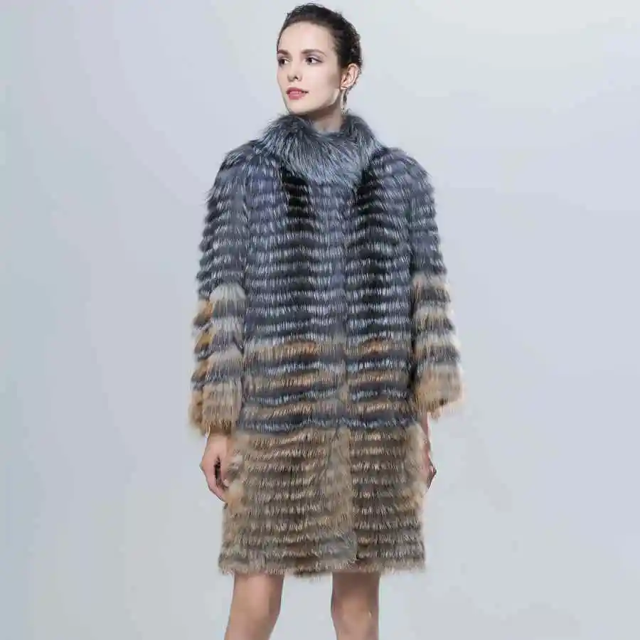 ZIRUNKING женские шубы из натурального меха серебристой лисы, модная меховая куртка, пальто в полоску, женская верхняя одежда из меха лисы, ZCW-02YL - Цвет: Многоцветный