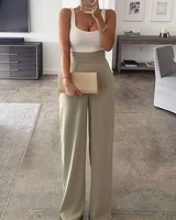 summer party wear womens sexy plain spaghetti strap patchwork wide leg jumpsuit casual sleeveless long pants outfits