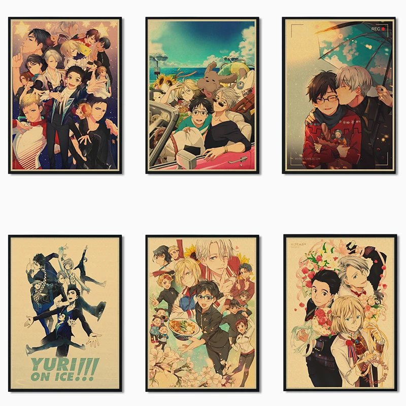 Японское аниме Юри! На льду винтажный постер из крафт бумаги для детской комнаты
