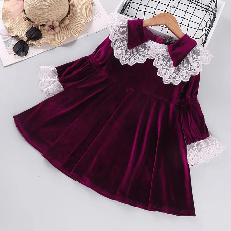 

Girl's Dress, Velvet Lace Lapel Embroidery Garment Back Zipper Palace Pleated Skirt for Children