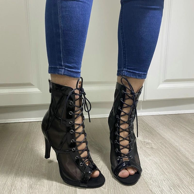 2022 Women Dancing Sandals High Quality Sexy Open Toe Zipper Lace Up High Heels Summer Sandal Black Dance Shoes Plus Size 46