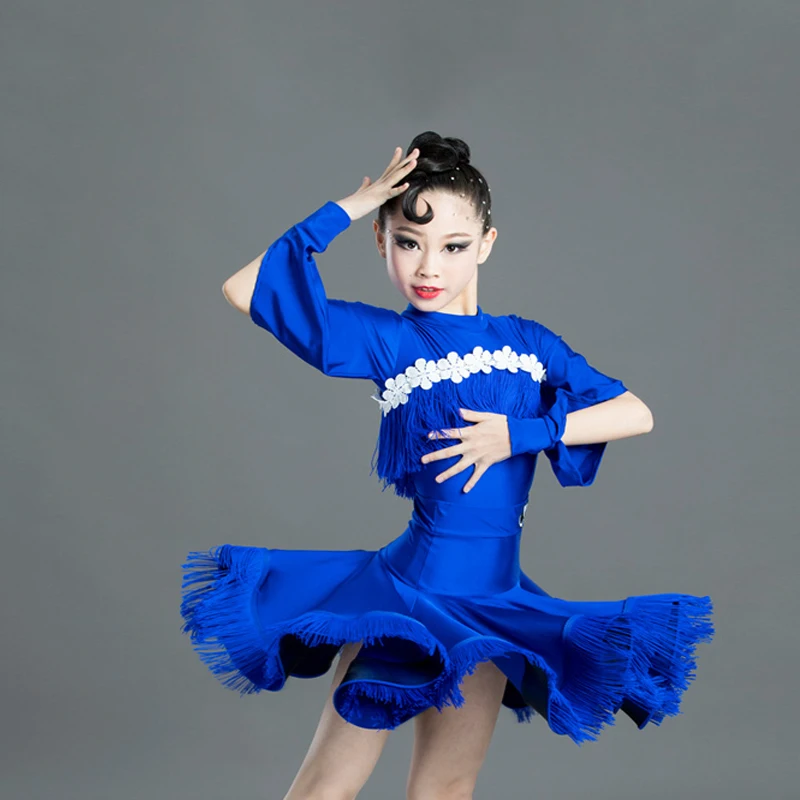 

2022 Latin Dance Dress For Girls Blue Tassels Latin Dress Skirt Ballroom Tango Salsa Cha Cha Samba Performance Dance Wear SL2428