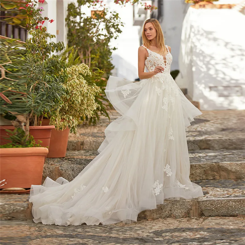 

Кружевное свадебное платье, с V-образным вырезом и аппликацией, из тюля, с естественной талией, для сада, с кружевной аппликацией, без рукавов