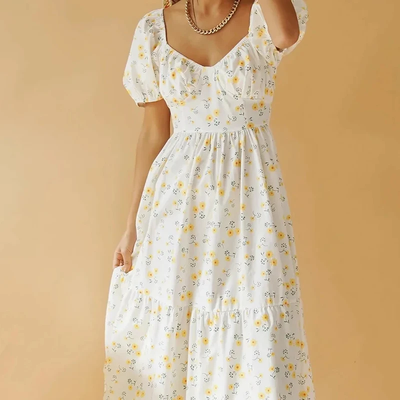 Été femmes Robes Floral Imprimé Princesse Robe Midi À Manches Bouffantes Taille Haute Robes Mujer Plage Sexy À Lacets robe Lâche
