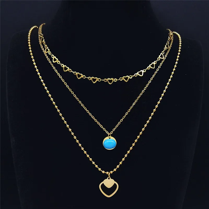 

Stainless Steel Green Stone Bohemia Chain Necklace Women Heart Gold Color Chocker Layer Necklace Jewelry bijoux femme NXS04