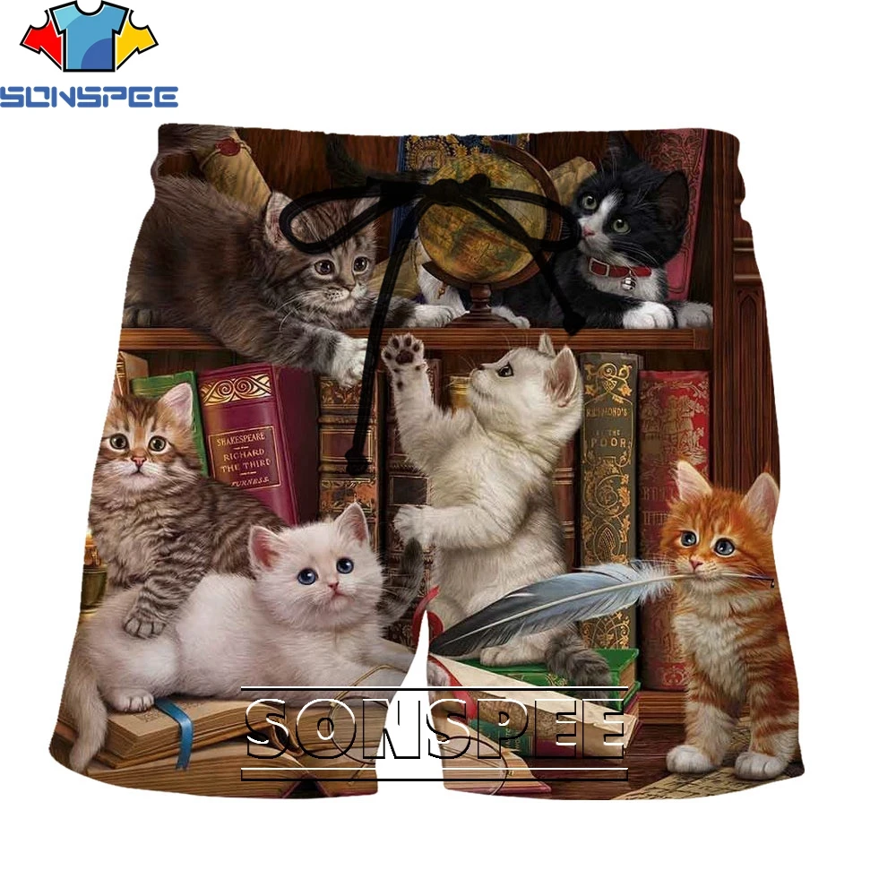 

SONSPEE Cute Animal Sleeping Cat Men's Short 3D Aesthetic Clothing Harajuku Summer Fashion Casual Beach Streetwear Board Shorts