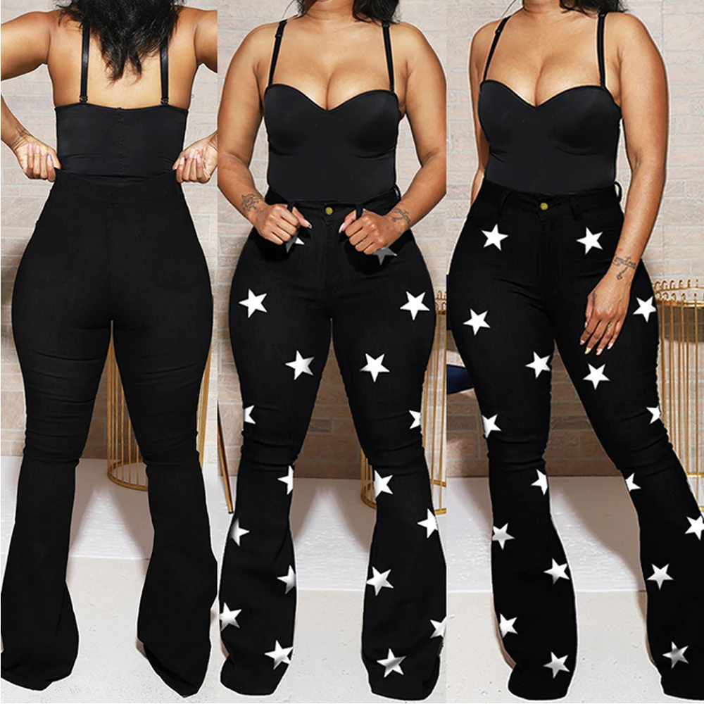 

New Women Zipper Up Star Print Washed High Waist Wide Leg Flare Jeans Fashion Classic Denim Long Pants Trousers