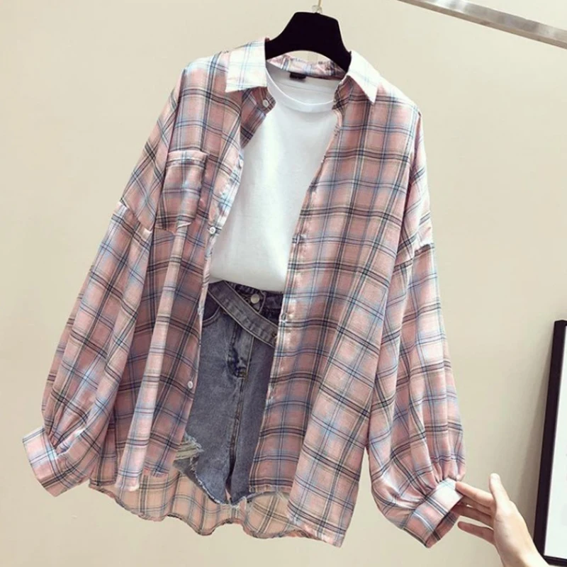 

2021 летние новые модные женские рубашки с рукавами «летучая мышь» водолазку Простая рубашка в клетку; Женские повседневные топы