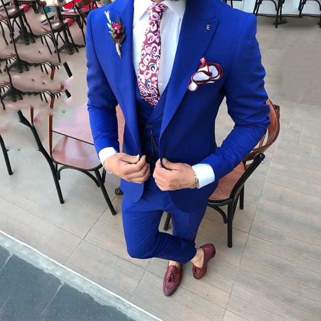 

Tailor Made Royal Blue Mens Wedding Tuxedos Peaked Lapel Terno Masculino Slim Fit Skinny Mens Suits 3 Pieces(Jacket+Pant+Vest)