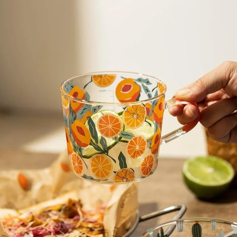500ml Glass Tea Milk Cups Mugs with Scale INS Cute Yellow Orange Cactus Coffee Mug Party Drinkware Tumbler Water Gifts | Дом и сад