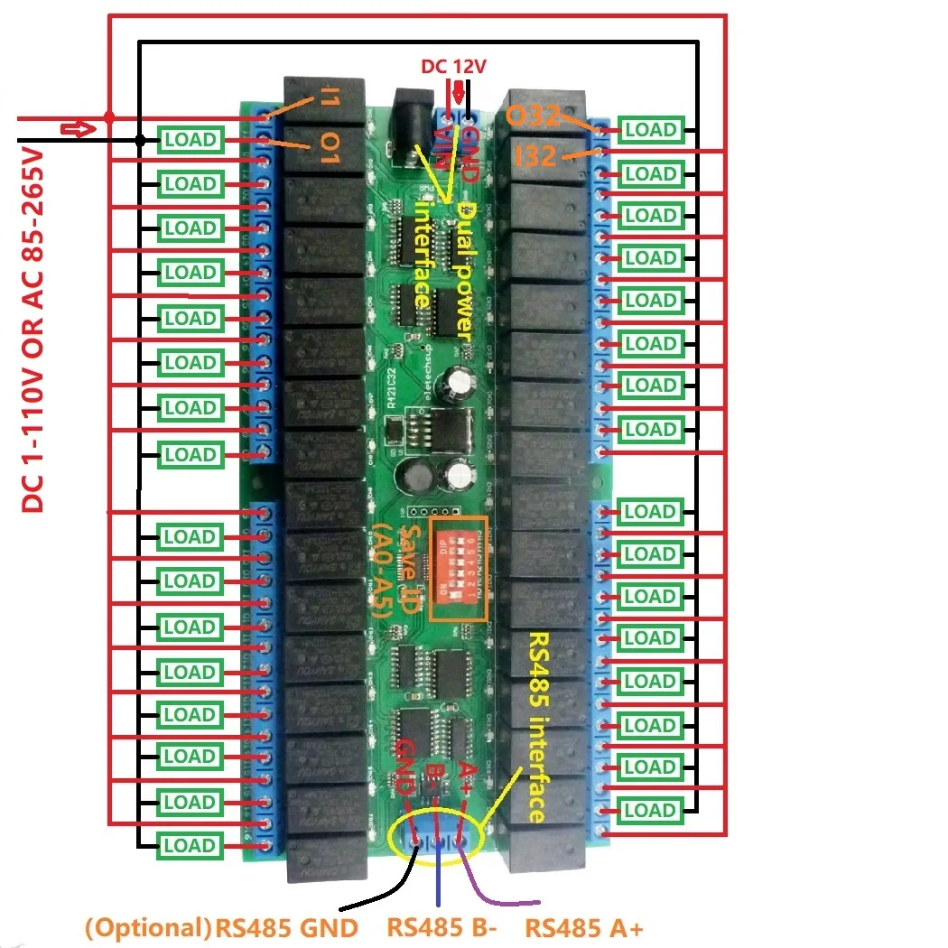R421C32 32-канальный DC 12 В RS-485 Modbus RTU Релейная плата RS485 Переключатель дистанционного