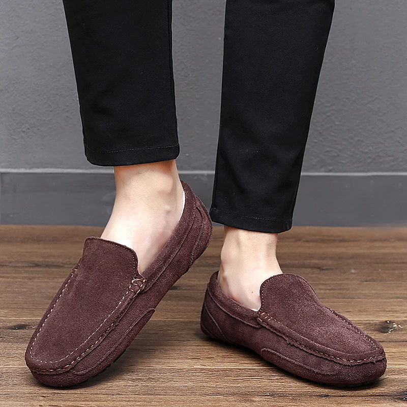 

Genuine leather men's casual shoes luxury brand 2019 men's loafers breathable slip on black driving shoes plus size 37-47 Plush