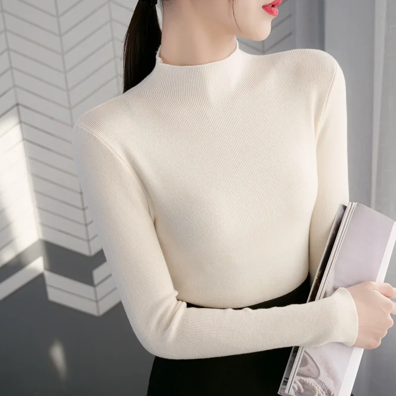 Fall Winter 2021 New Half High Neck Slim Fit Ladies Sweater Base Knit Sweater Women's Long Sleeve All Match Casual Top