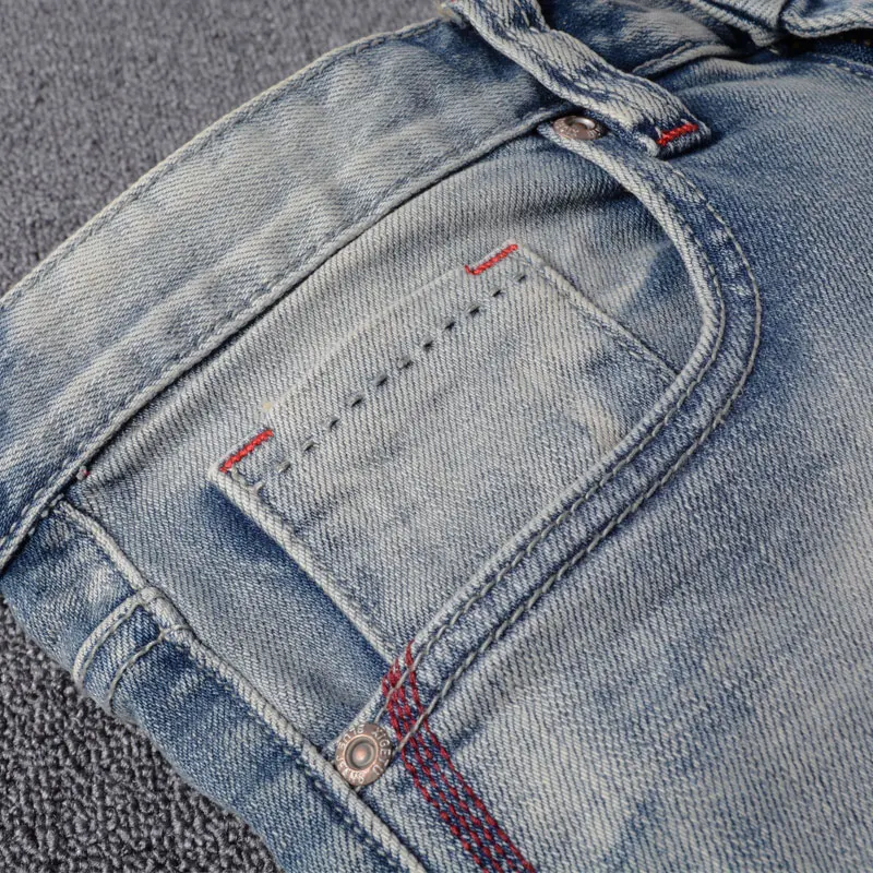 Korean Style Fashion Men Jeans Retro Light Blue Elastic Slim Fit Ripped Jeans Men Patchwork Designer Vintage Casual Denim Pants