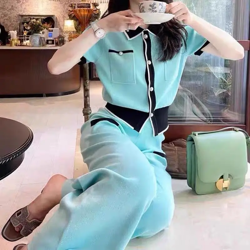 

Женский трикотажный костюм, кардиган с отложным воротником и коротким рукавом + брюки с широкими штанинами, летний комплект из 2 предметов