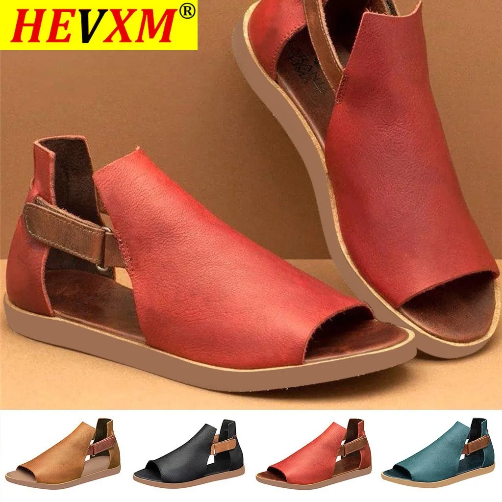 Босоножки женские из экокожи винтажные сандалии на плоской подошве с открытым