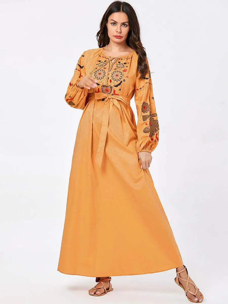 

Ethnic Abaya Dress Embroidery Floral Puff Sleeve Kaftan Islamic Casual Turkey Vintage Robe Muslim Islamic Clothing Women Gown
