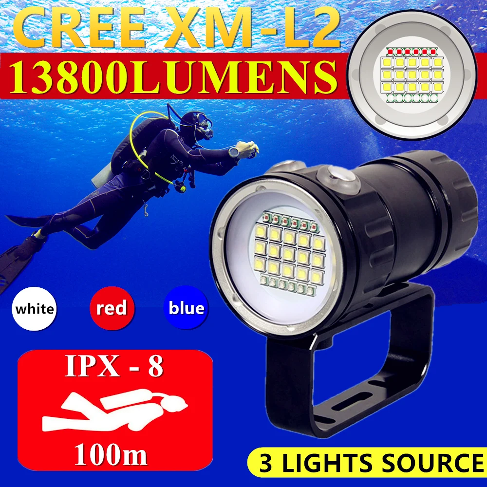 

15*CREE XM-L2 Professional LED Diving Flashlight Scuba Waterproof Tactical Torch Powerful Lamp Underwater 100m Dive Fill Light