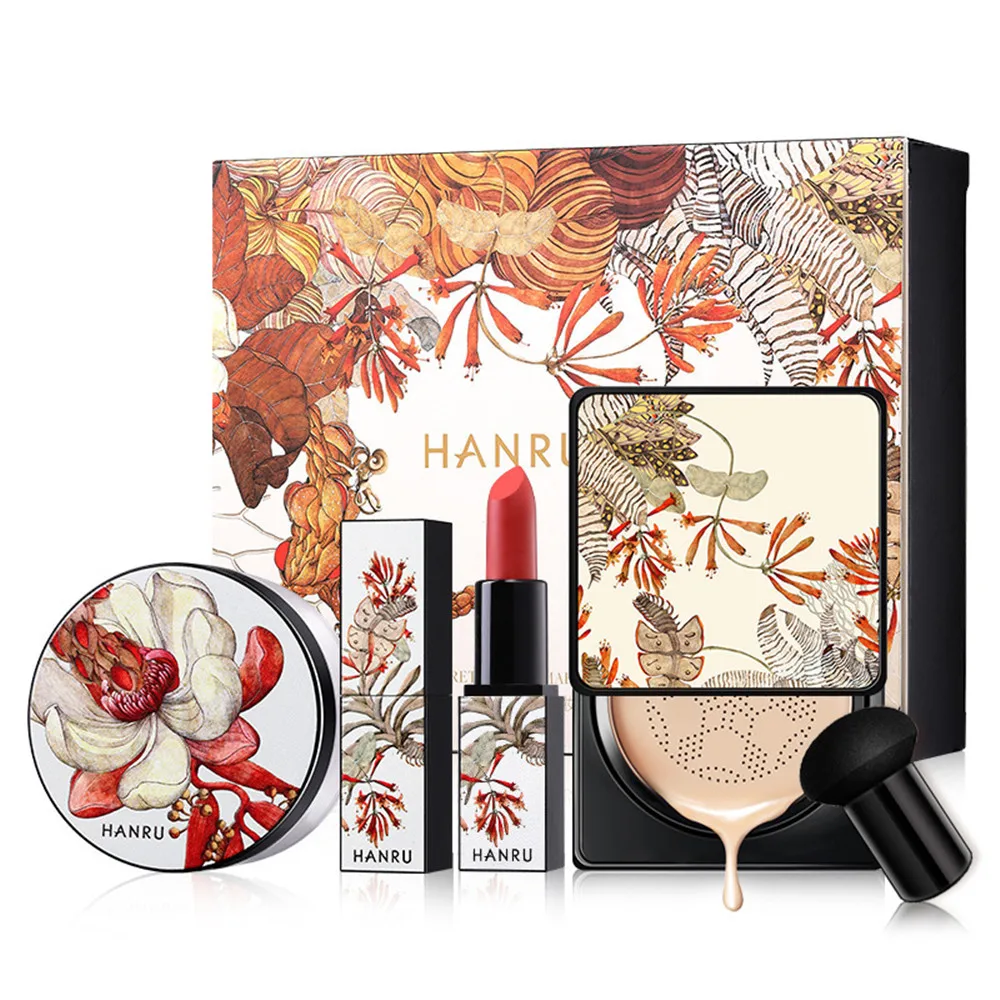 

4pcs Korean Secret Garden Four-piece Box Mushroom Head Air Cushion Setting Loose Powder Non-marking Velvet Lipstick Makeup Set