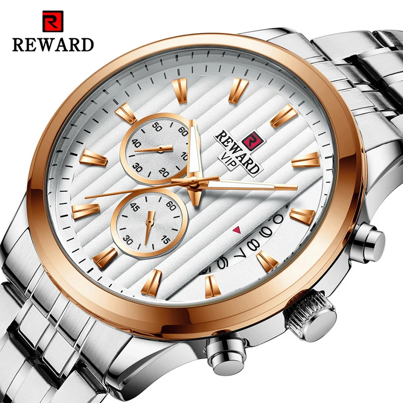 

REWARD Quartz Watches Rose Gold Case Stainless Steel Band Calendar Display Waterproof Male Clock Business Watches Relogios