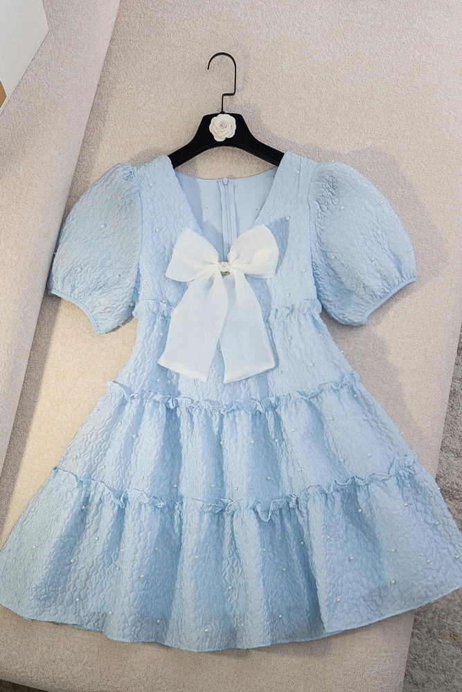 

2021 Summer New Puff Sleeve V-neck Bow Beaded High Waist Jacquard Pettiskirt Dress for Women Cute