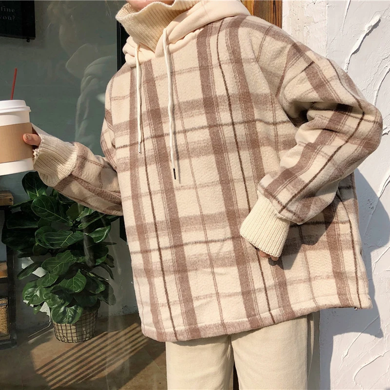 Толстовка Женская в клетку Свободный пуловер с высоким воротником и капюшоном