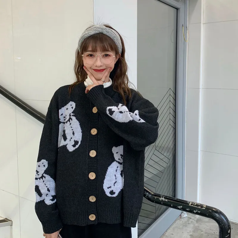 Shop1314 рисунок с милым медведем вязаный свитер женский кардиган Feminino Повседневный