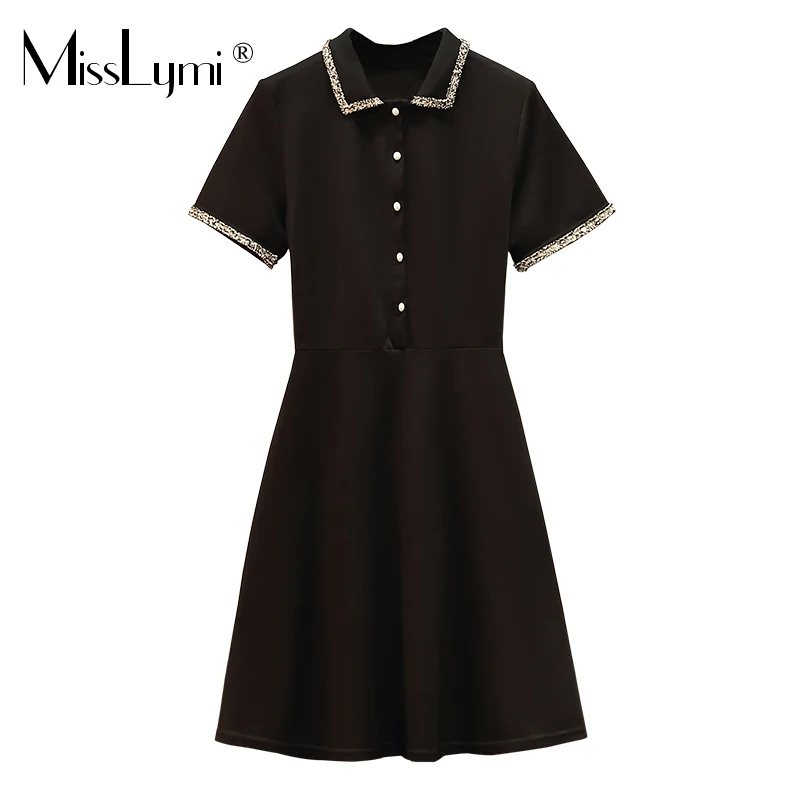 

MissLymi L-4XL Plus Size Women Black High Waist A-line Dress Summer 2021 Casual Turn-down Collar Short Sleeve Loose Short Dress