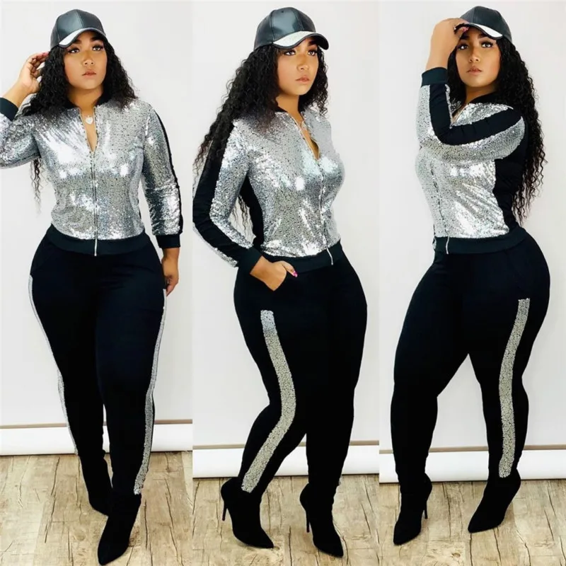 Сезон весна осень С блестками Женский комплект 2 шт. спортивный костюм куртка с