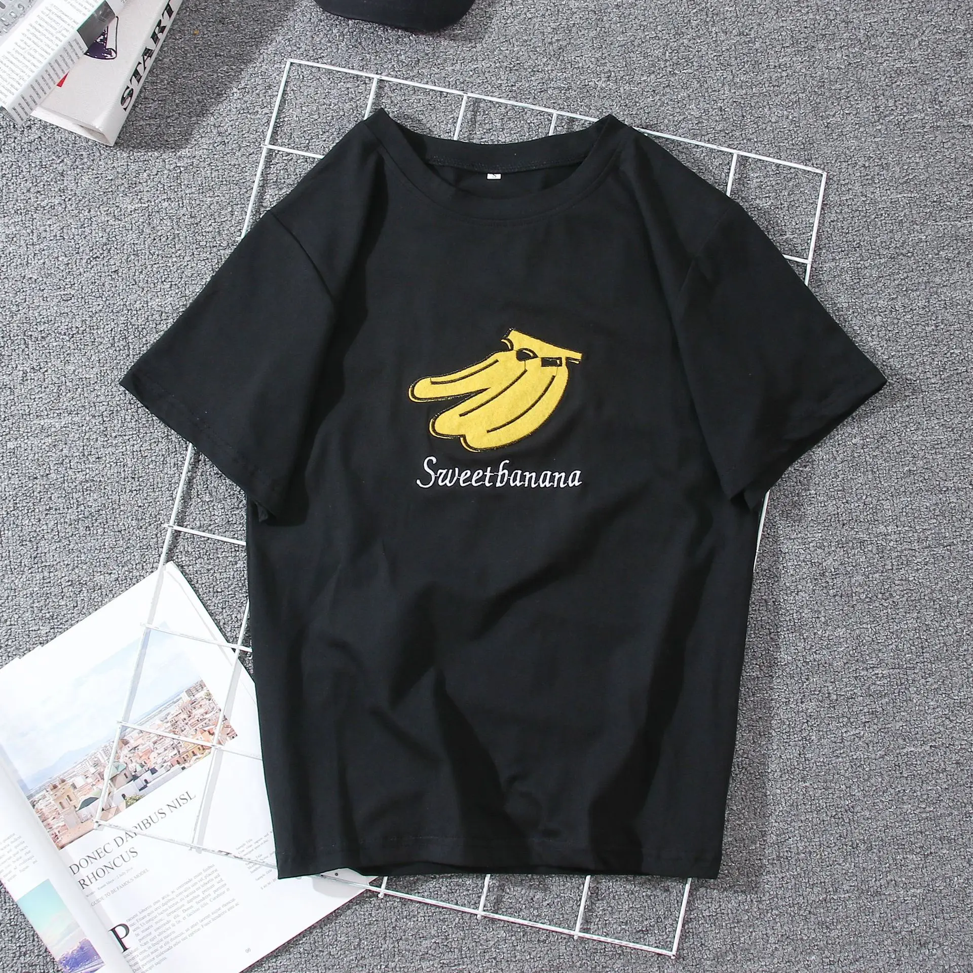 

New Cotton Harajuku Aesthetics Tshirt Banana Embroidery Print Short Sleeve Tops & Tees Fashion Casual Couple T Shirt