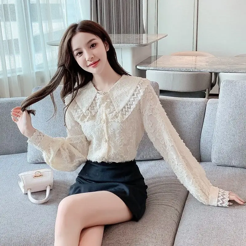 

2021 Shirts Women Solid Color New Arrival Spring Korean Chic Trendy Casual Lace Blouses Elegant Vintage Womens Streetwear Y275