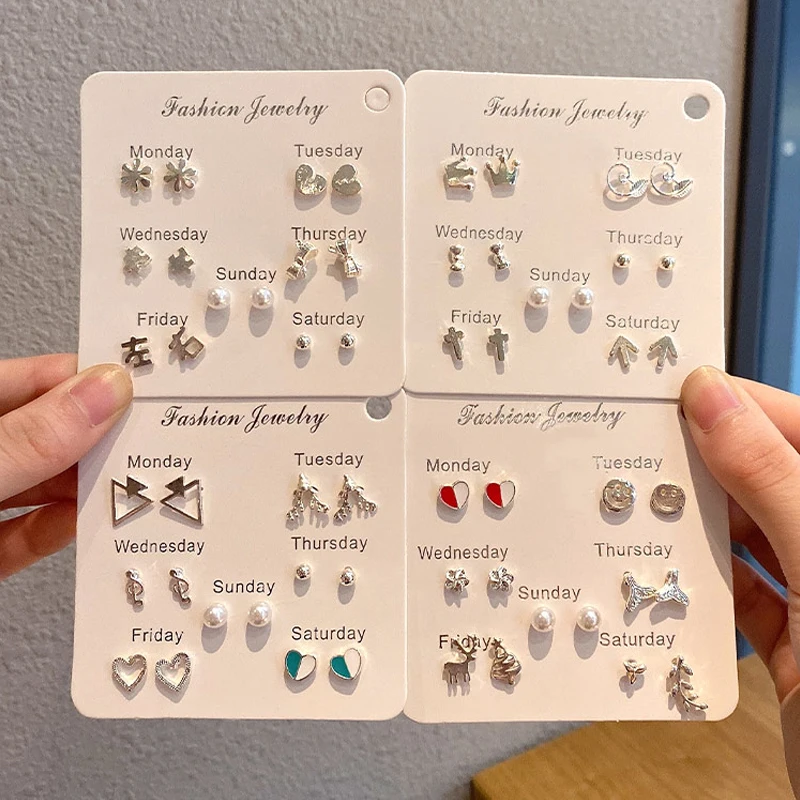 

6Pairs Crystal Heart Leaves Stud Earrings For Women Charm Rhinestone Small Pearl Earrings Set Jewelry Girls Gifts Brincos