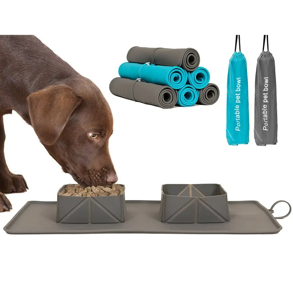 

Dog Bowl Foldable Double Bowl Silicone Pet Cat Dog Food Water Feeder Travel Portable Feeding Bowls Food Container Feeder