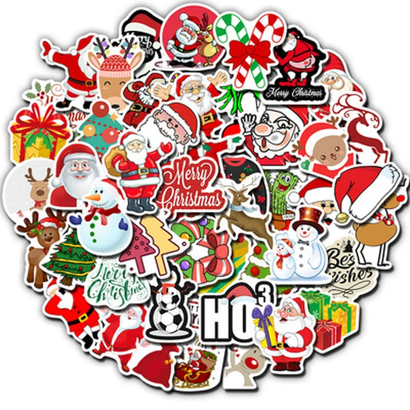 

50pcs Christmas Stickers For Laptop Waterproof Skateboard Scrapbook Suitcase Sticker