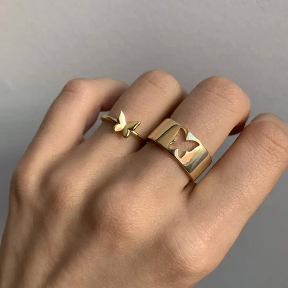 

65% Dropshipping!!2Pcs/Set Butterfly Opening Alloy Wide Thin Hollow Couple Rings Finger Rings for Anniversary
