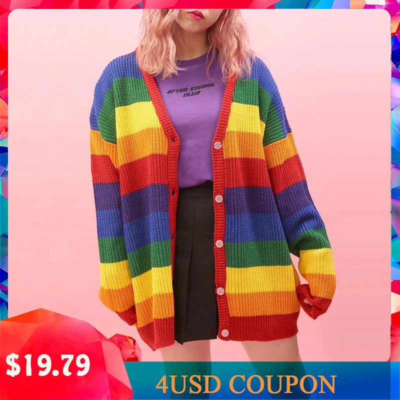 Knitted Cardigan Women 2020 Autumn &ampWinter KPOP Rainbow Striped Outwear Female Loose Casual Long Sweater Jacket Coat L0162 |