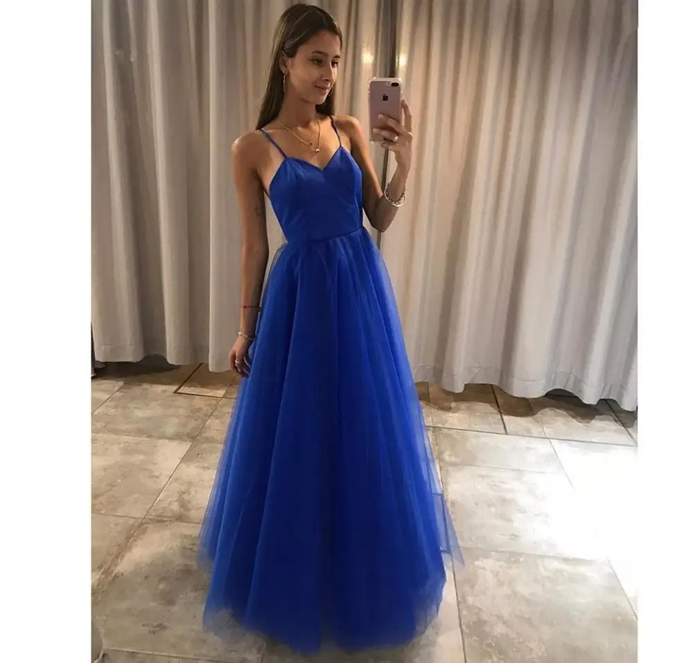 

2020 Evening Dress Blue A-Line Blue Spaghetti Strap Floor Length Backless Sleeveless Prom Dress Tulle Special Occasion Party