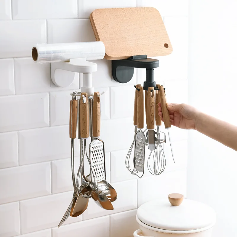 

Kitchen Multi-Purpose Hooks Creative Punch-Free Wall Mounted Rotating Hook Spatula Spoon Storage Racks Hook Kitchen Accessories