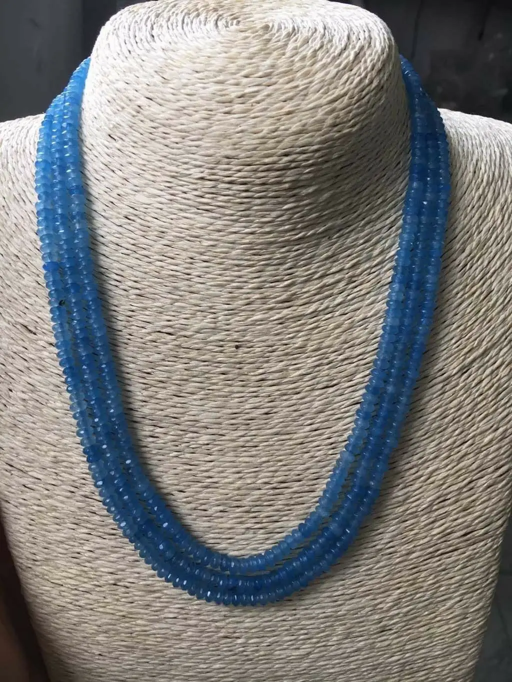

GENUINE TOP NATURAL 3 Rows 2X4mm FACETED Aquamarine Blue jade BEADS NECKLACE 17-18"