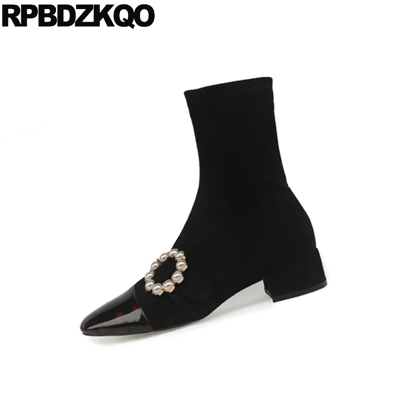 Square Toe Black Japanese Suede Patent Leather Brand Women Winter Boots Genuine Chunky Warm Cheetah Ankle Pearl Fur Block Shoes | Обувь