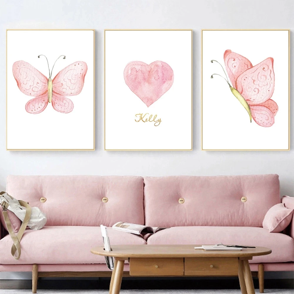 Custom Name Posters Pink Heart Butterfly Wall Art Print Nordic Canvas Painting Nursery Pictures for Girl Baby Room Cuadros Decor on - Настенная картина Nordic Canvas с изображением розового сердца и бабочек с именем на заказ для детской комнаты девочки Cu