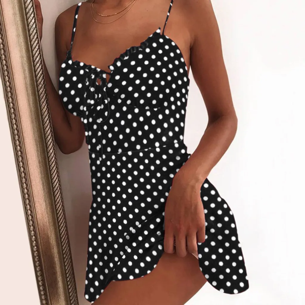 

Black Dress Womens Sexy Dot Print Color Block Sleeveless Dresses A-Line Spaghetti Strap Camisole Mini Dress Summer Sundress