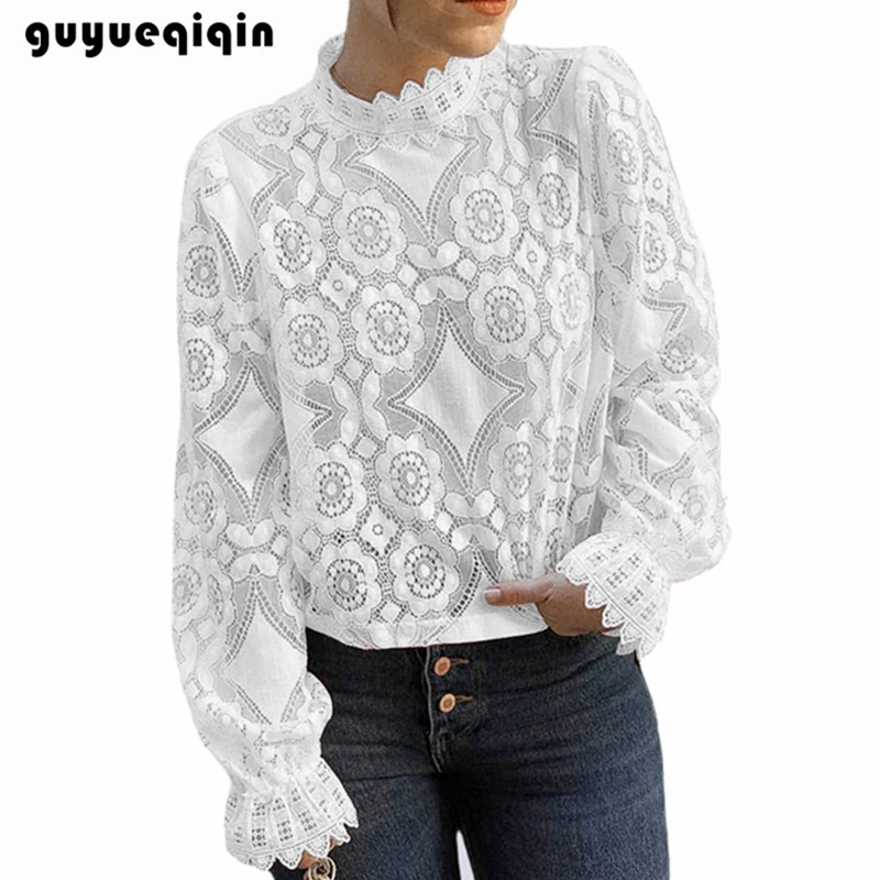 

Blouse women 2019 Hollow Out White Blouse Long Sleeve Tops Elegant Lace Blouse Spring White Floral Shirts Crochet Transparent